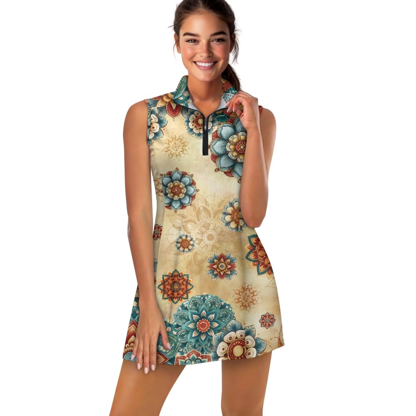 Yuyamidu Blue Mandala Floral Womens Tennis Dress A Line Tennis Dress for Women Size XS Quick Dry Womens Athletic Clothing Sets with Pockets Shorts