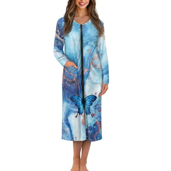 Yuyamidu Blue Maple Print Long Bath Robe for Women Butterfly Zipper Front Bathrobes Novelty Mid-Length Night Robe Size 4XL Soft Zip Nightgowns Ladies Pajama House Coat