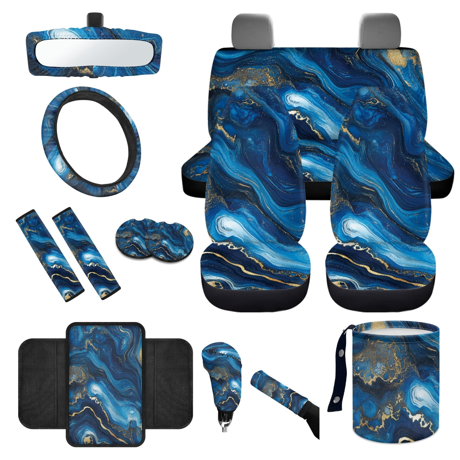 Yuyamidu Blue Marble Print Car Seat Cover Full Set of 14 Fashion Auto Steering Wheel Cover Seatbelt Pads Armrest Cushion Trash Can Rearview Mirror Cover Handbrake Cover Set Coasters