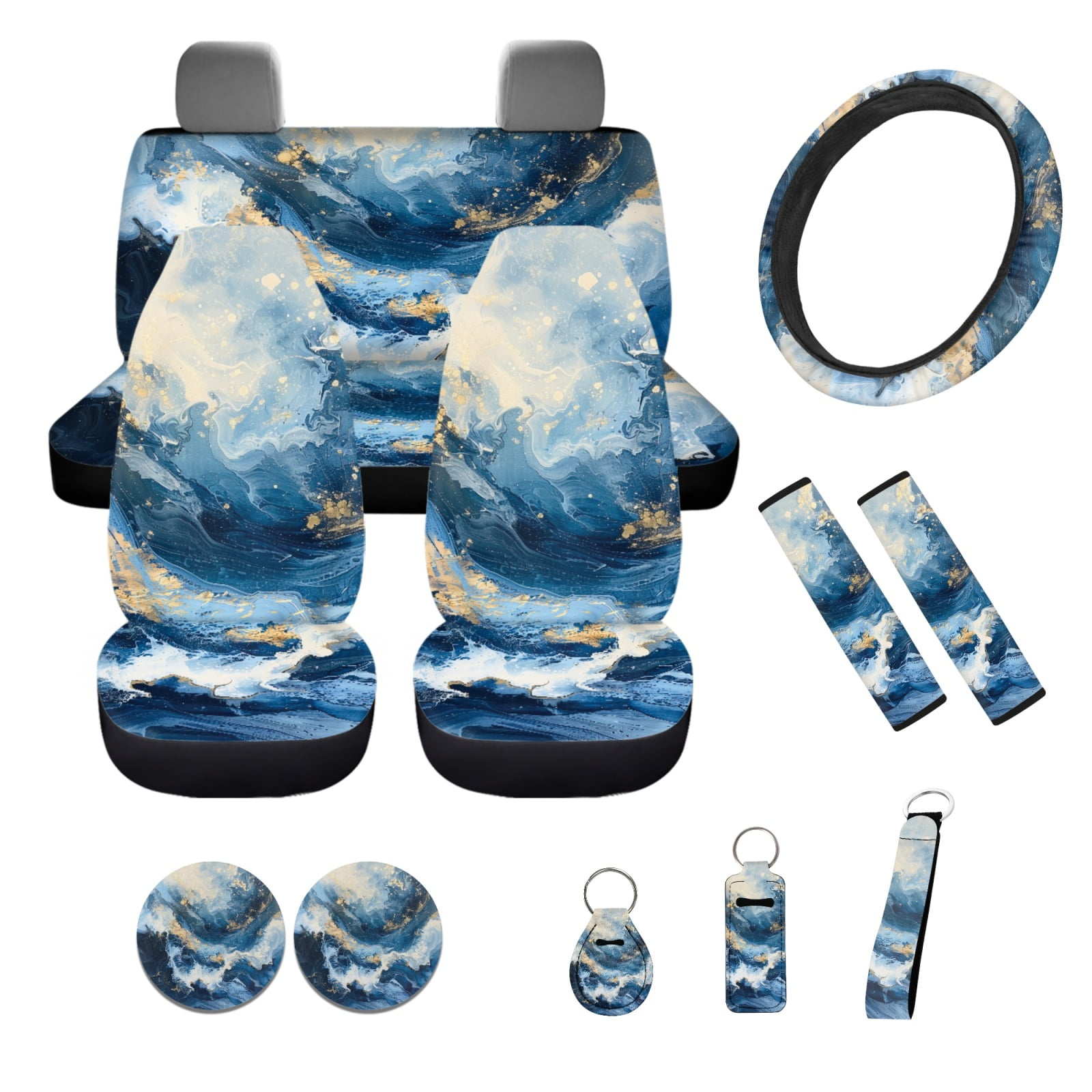 Yuyamidu Blue Marble Print Car Seat Covers Full Set of 12 Universal Front Back Seat Cover and Steering Wheel Cover Seatbelt Strap Pad Cup Holders Keychain