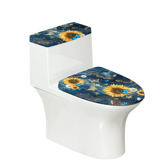 Yuyamidu Blue Marble Print Toilet Lid Cover Set for Bathroom 2 Piece Sunflower Daisy Toilet Lid Dust Cover & Toilet Tank Lid Cover Fit Most Round and Elongated Toilet