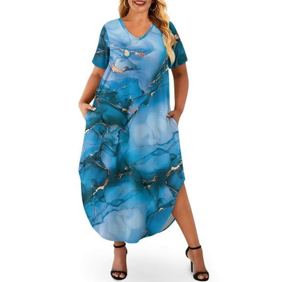 Yuyamidu Blue Marble Print Womens Short Sleeve Dress Trendy V Neck Flowy Dress Comfy Beach Party Dresses Size S Oversized Summer Casual Maxi Dresses for Women