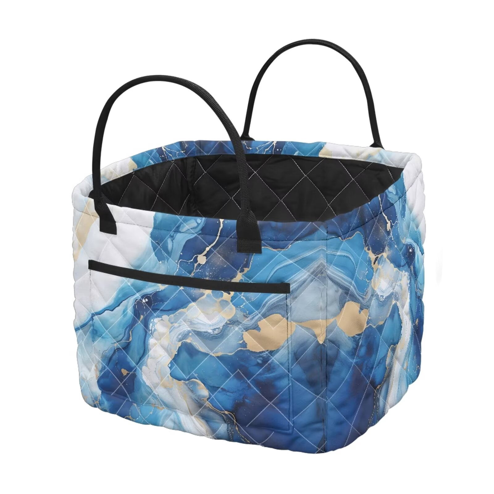 Yuyamidu Blue Marble Quilted Fabric Storage Basket with Handles Large Capacity Collapsible Laundry Hamper Nursery Organizer Bin for Home, Picnic, Shopping, Travel