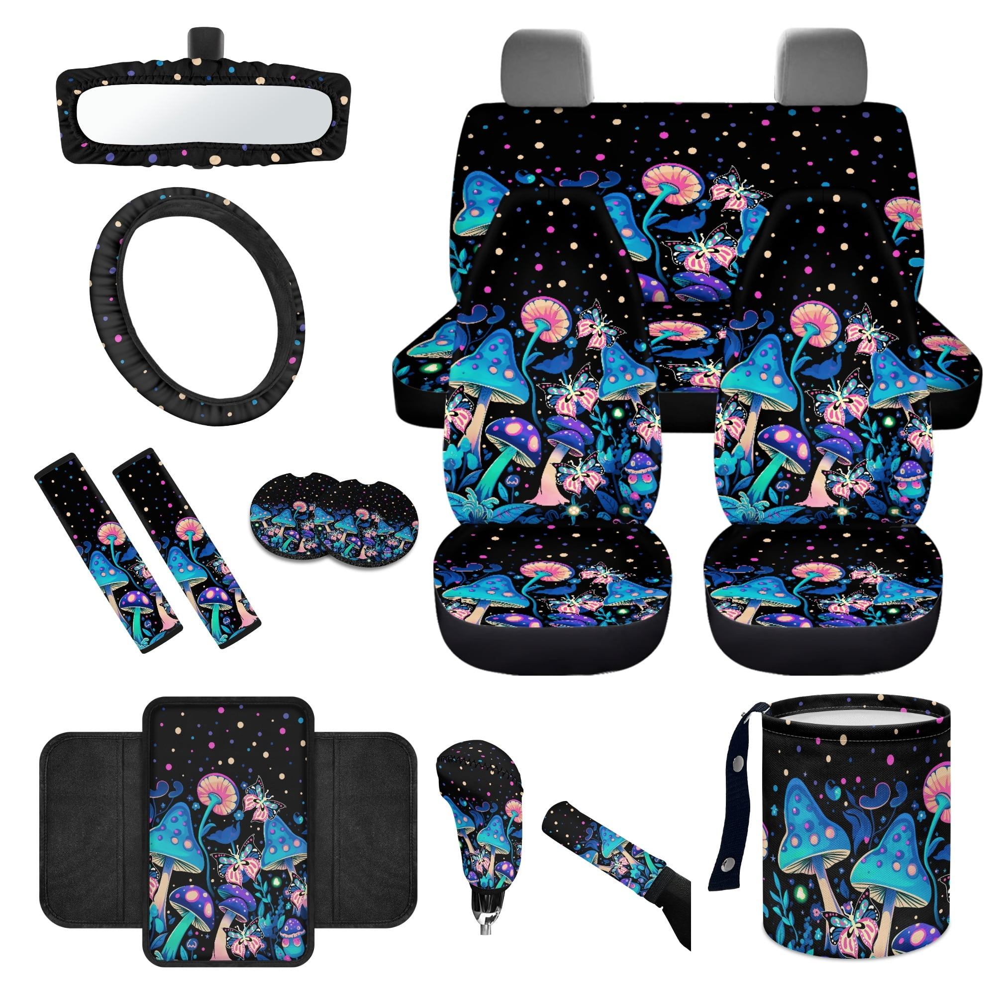 Yuyamidu Blue Mushroom Car Front Back Seat Covers Butterfly Steering Wheel Cover Seat Belt Pad Garbage Bin Armrest Cover Pad Rearview Mirror Cover Handbrake Cover Set Coasters, Set of 14