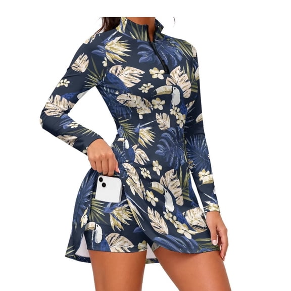 Yuyamidu Blue Palm Leaf Womens Tennis Dress Built in Shorts with Pockets 2 Piece Sets Tropical 1/4 Zip Collar Athletic Golf Dresses Fall Winter Active Workout Dress for Women Size M