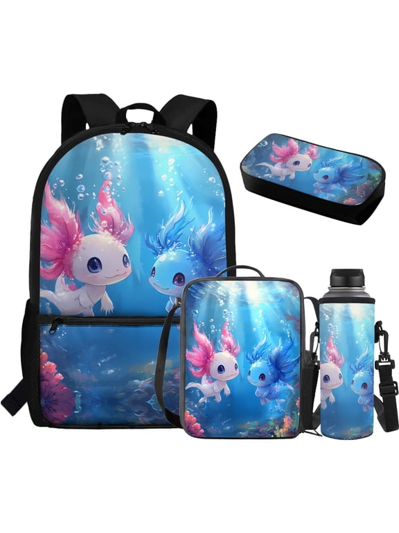 Blue Pink Axolotl Backpack for Girls with Lunchbox Middle School Bookbag Set for 4th Grade Girls Lunch Boxes for School 10-12 Pencil Case Water Bottle Bag 4 Piece School Bag Set for Kids