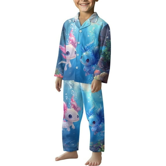 Yuyamidu Blue Pink Axolotl Kids Button Down Pajamas Sets for Boys Girls 9-10 Cute Long Pants & Sleep Tops with Pockets Soft Long Sleeve Lounge Wear 2 Pieces Set