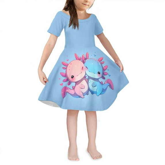 Yuyamidu Blue Pink Axolotl Short Sleeve Swing Dress Comfortable Summer Clothing Toddler Twirly Dresses Daily Going Out School T-shirt Dress for Kids Girls 5-6 Y