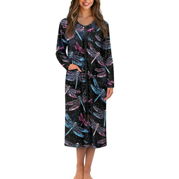 Yuyamidu Blue Pink Dragonfly Womens Robes Comfy Long Sleeve Bathrobe with Front Zipper Fashion Round Neck Gowns for Ladies Sleepwear Housecoat Sexy Pajama Nightgown Size XL