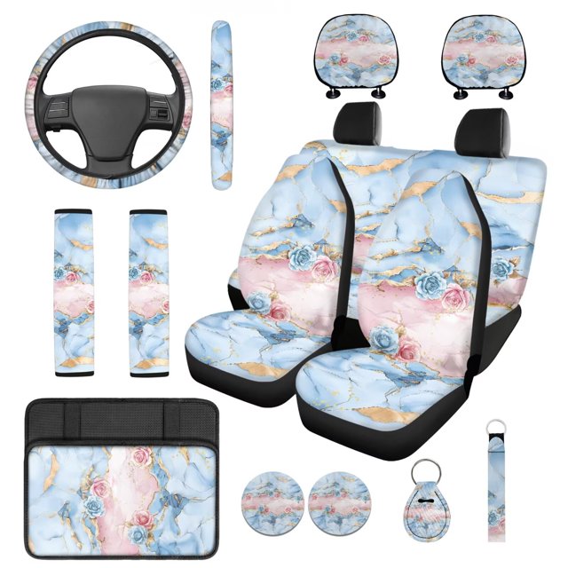 Yuyamidu Blue Pink Marble Print Car Seat Cover Full Set of 14 Rose Auto Steering Wheel Cover Seatbelt Pads Armrest Cushion Coasters Headrest Covers Key Chain