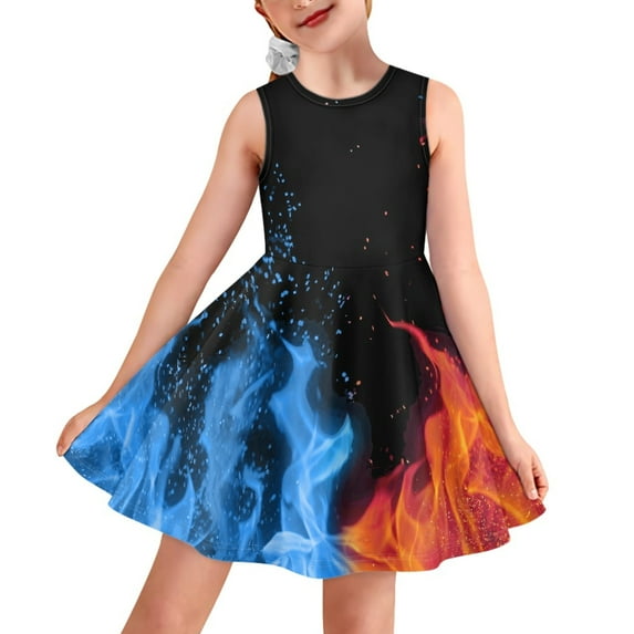 Yuyamidu Blue Red Fire A Line Tank Dress Trendy Flare Midi Dress for Girls Size 3-4Y Comfortable Sleeveless Swing Dress Spring Summer Princess Dress Kids Teens Skater Dresses