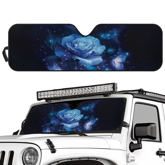 Yuyamidu Blue Rose Butterfly Windshield Sun Shade Compatible with Jeep Wrangler JK JKU JL JLU 16.14" x 52.95" Accordion Folding Front Window Sun Shade