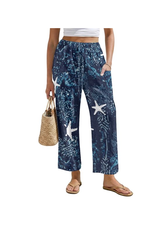 Blue Sea Starfish Linen Trousers for Women Petite Lightweight Travel Trousers Loose Fit Drawstring Palazzo Pants Sea Print Outfits, Size 2XL