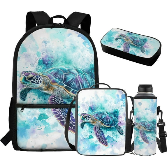 Yuyamidu Blue Sea Turtle Bookbag and Lunchbox for Girls Kids School Backpack with Lunch Box Bag Pencil Case Water Bottle Carrier Bag High School Bag for Boys with Lunch Bag, Set of 4