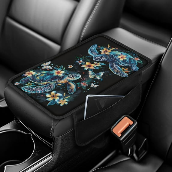 Yuyamidu Blue Sea Turtle Car Center Console Armrest Cushion Auto Decorative Accessories Hibiscus Armrest Cushion Pad Protector Soft Car Armrest Cover Fit for Most Vehicles