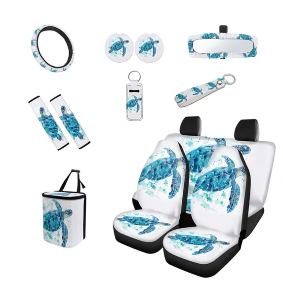 Yuyamidu Blue Sea Turtle Car Interior Accessories Full Set Car Seat Covers Steering Wheel Cover Seat Belt Cover Trash Bag Rearview Mirror Cover Coasters Lipstick Covers Fit for Sedans SUVs