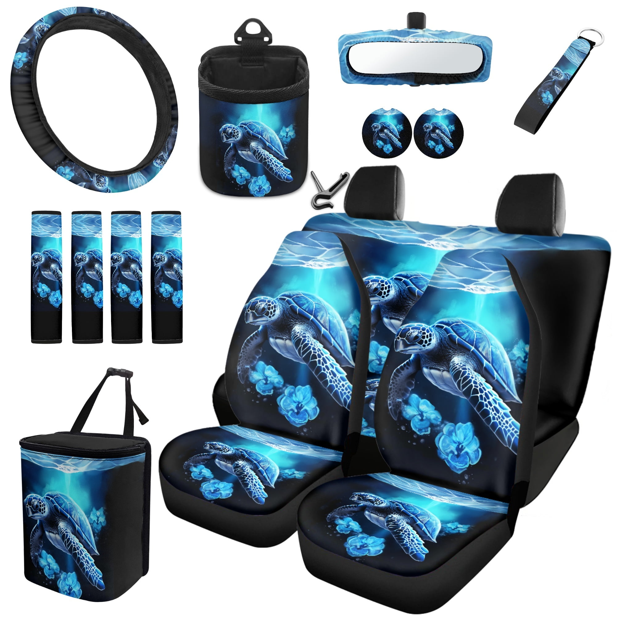 Yuyamidu Blue Sea Turtle Car Seat Cover Full Set with Steering Wheel Cover Hibiscus Seat Belt Strap Cover Trash Can Rear View Mirror Cover Cup Coasters Keychain Air Vent Storage Bag, 15 PCS