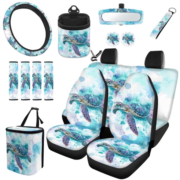 Yuyamidu Blue Sea Turtle Car Seat Cover Set of 15 Cute Steering Wheel Cover Seat Belt Strap Pads Cup Coasters Trash Bag Air Vent Storage Bag Rearview Mirror Cover Keychain Auto Interior Set
