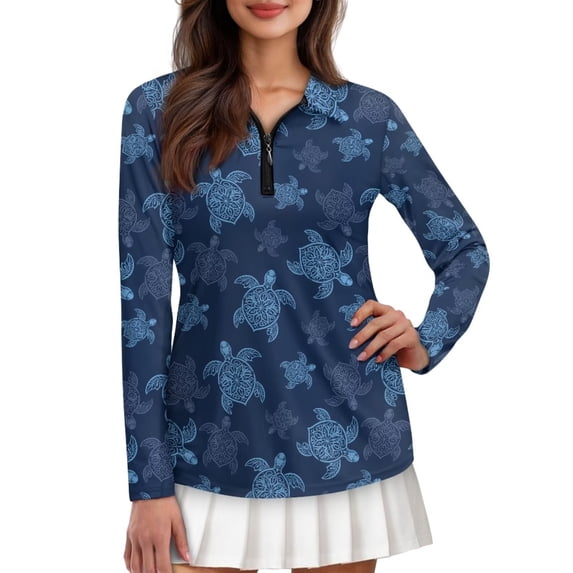Yuyamidu Blue Sea Turtle Women's Long Sleeve Golf Shirts Athletic Tennis Shirts Soft Quarter Zip Golf Clothes Workout Pullover Tops Size M