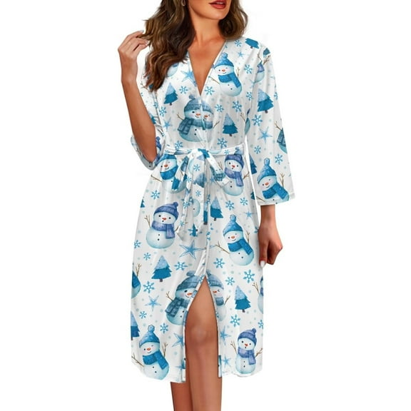 Yuyamidu Blue Snowman Robe for Women Sexy Long Sleeve Gowns Sleepwear Size M Christmas Spa Robes Womens Pajamas Loungewear Loose Fit V-Neck Bathrobe for Sleeping