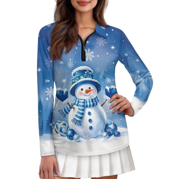 Yuyamidu Blue Snowman Women's Golf Shirt Cute Christmas Long Sleeve 1/4 Zip Athletic Tennis Shirts Stylish Workout Shirts for Women Size 2XL