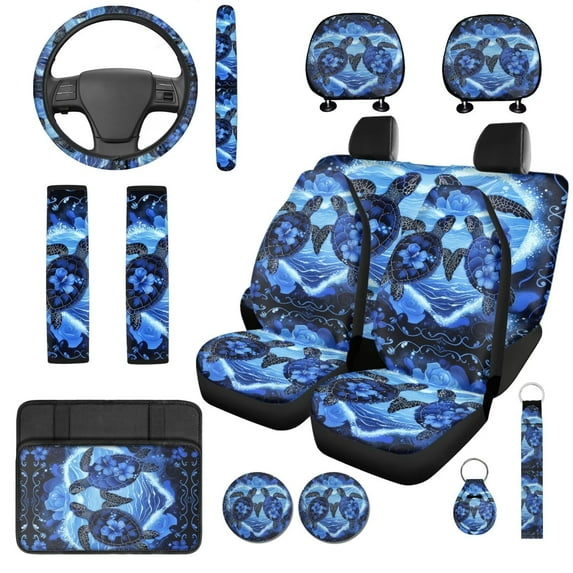 Yuyamidu Blue Turtle 14 Pcs Car Seat Cover Set with Auto Steering Wheel Cover Armrest Cushion Head Rest Protector Seat Belt Covers,Automotive Interior Sets Unverisal Fit Cars SUV