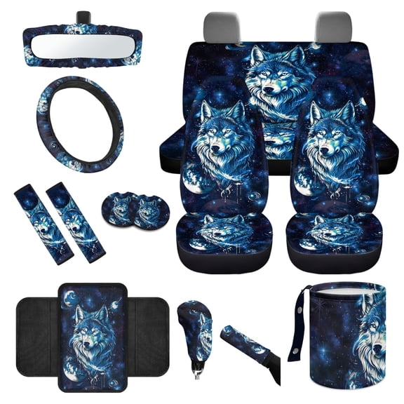 Yuyamidu Blue Wolf Car Front Rear Seat Covers Protector Galaxy Steering Wheel Cover Seatbelt Cushion Armrest Cover Cushion Handbrake Cover Shift Gear Knob Cover Cup Holders, 14 Piece
