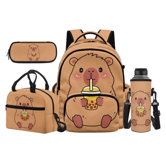 Yuyamidu Boba Capybara 4Pcs Backpack Set for Kids Boys Girls 17 Inch School Bookbag with Lunch Bag Pencil Case Water Bottle Sleeve Back To School Rucksack Daypack