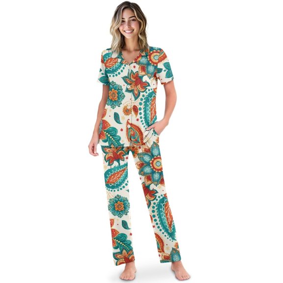 Yuyamidu Bohemia Style Womens Pajamas 2 Piece Lounge Sets Casual V Neck Shirts with Long Pants 2-Piece Lounge Sets with Pockets