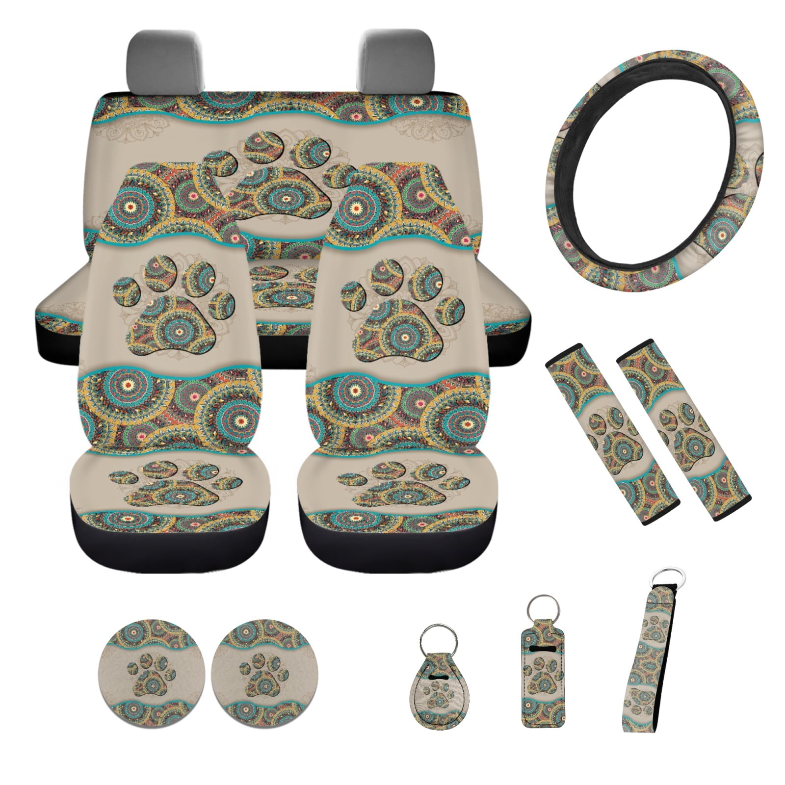 Yuyamidu Boho Car Seat Cover Full Set of 12 Dog Paw Auto Steering Wheel Cover Seatbelt Shoulder Pad Coasters Keychain Universal Car Accessories