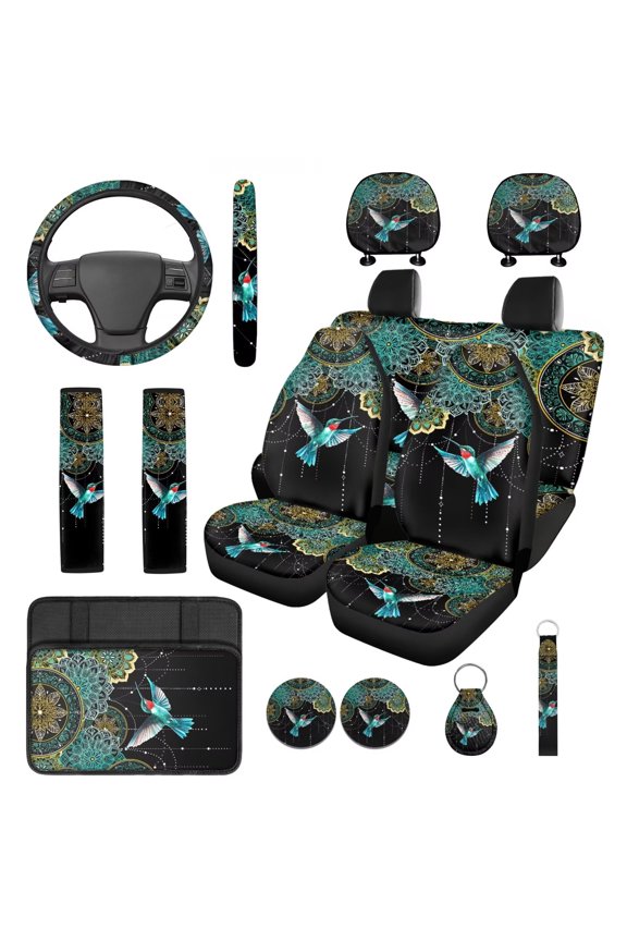 Boho Car Seat Covers Full Set Hummingbird Steering Wheel Cover Green Safe Belt Pads Coasters Headrest Covers Keychain Car Center Console Cover, Set of 14