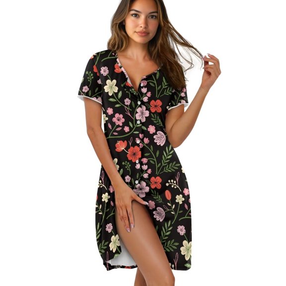 Yuyamidu Boho Floral Nightgowns for Women Sleepwear Elegant Lounge Sleep Night Gown Soft Comfy Summer Housecoat, Black