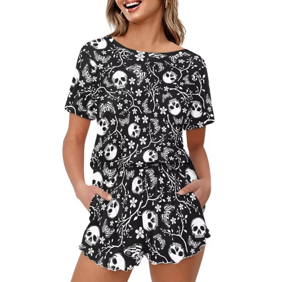 Yuyamidu Boho Floral Skull Pajama Set for Women Summer Sleepwear Sets Short Sleeve Oversized Tops and Elastic Waist Shorts with Pockets Lounge Sets