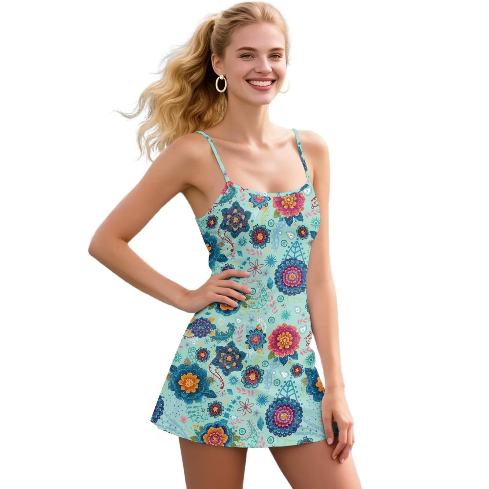 Yuyamidu Boho Flower Blossom Womens Tennis Dress with Built-in Shorts Blue Sleeveless Summer Exercise Golf Sports Dresses Casual Athletic Outfit Size L