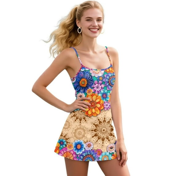 Yuyamidu Boho Flower Blossom Womens Tennis Dress with Built-in Shorts Breathable Athletic Workout Exercise Golf Pickleball Dress Size 2XL