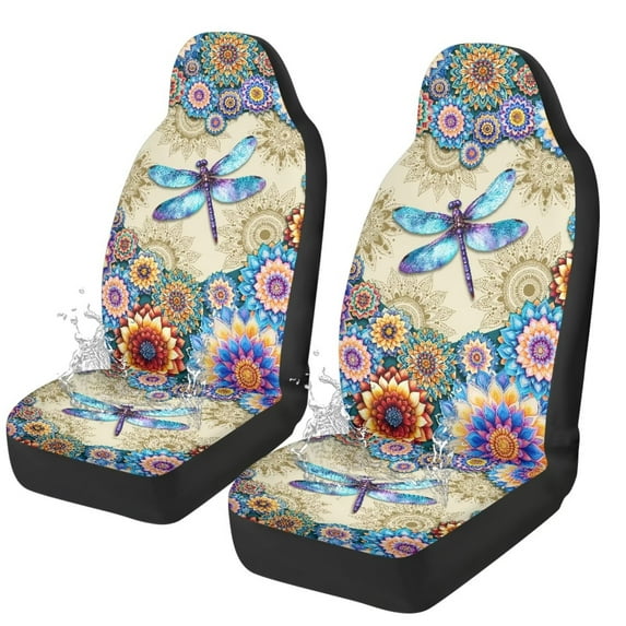 Yuyamidu Boho Flowers Car Front Seat Covers 2 pcs Set Dragonfly Vehicle Seat Protective Covers, Fit Most Cars, Sedan, Truck, SUV, Van