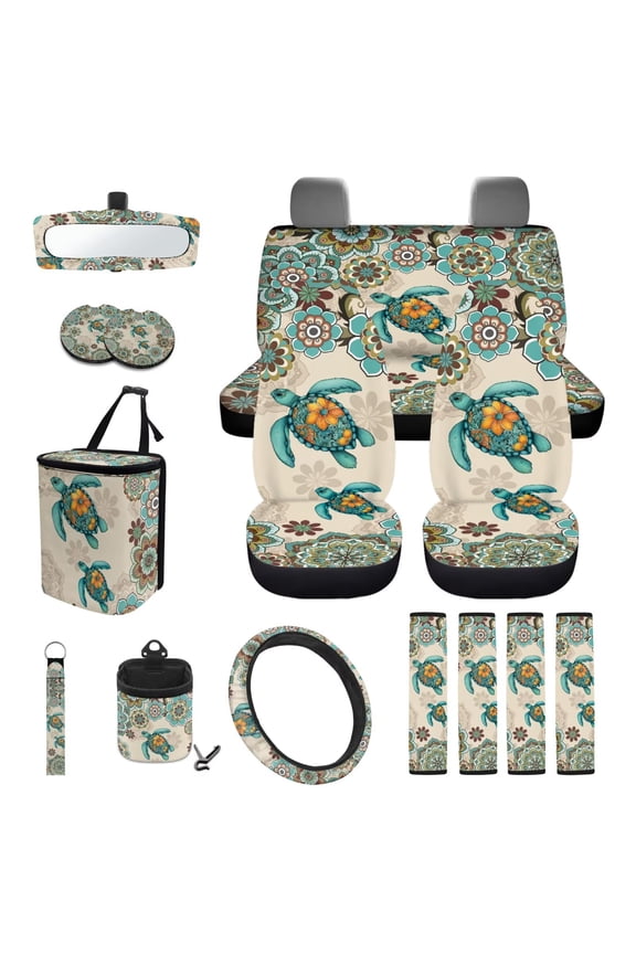 Boho Flowers Car Seat Cover Set 15 Pieces Sea Turtle Steering Wheel Cover Seat Belt Strap Pads Garbage Organizer Air Vent Bag Rearview Mirror Cover Coasters Wristlet Keychain