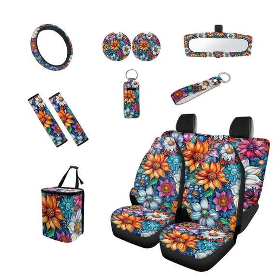Yuyamidu Boho Flowers Car Seat Covers Full Set with Steering Wheel Accessories Car Seat Belt Cover Auto Rear View Mirror Cover Trash Bin Car Coasters Keychain Chapstick Holder