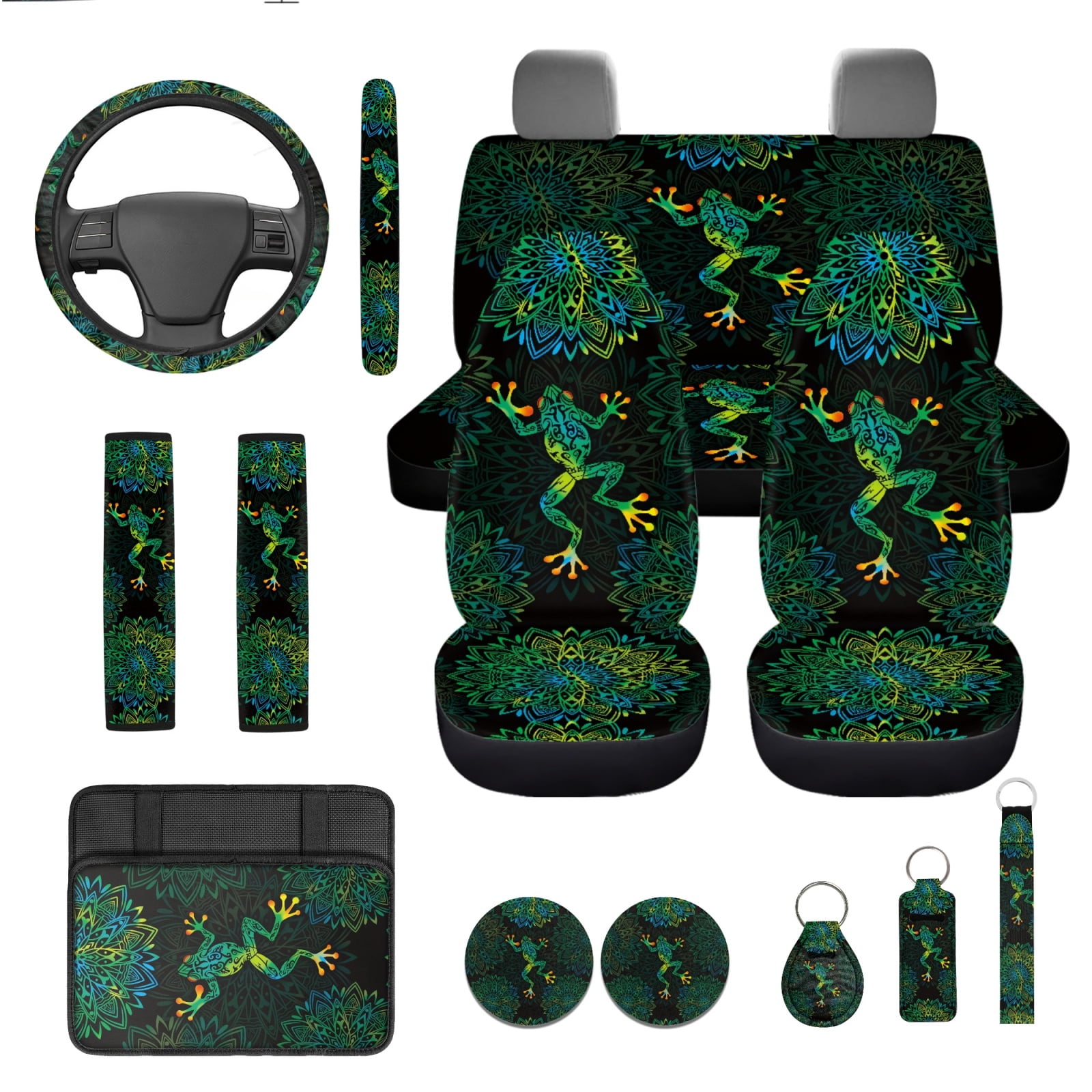 Yuyamidu Boho Flowers Front Rear Car Seat Covers Full Set of 13 Funny Frog Steering Wheel Cover Seat Belt Pads Armrest Cover Cup Holders Lip Gloss Holder Keychain