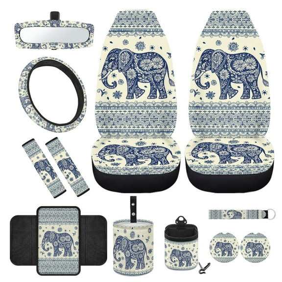 Yuyamidu Boho Front Car Seat Cover Set Elephant Steering Wheel Cover Seat Belt Strap Cover Armrest Cover Garbage Can Air Vent Pouch Rearview Mirror Cover Coasters Keychain, 12 PCS