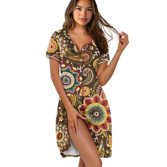 Yuyamidu Boho Mandala Button Down Nightgowns for Women Vintage Nightshirts Short Sleeve Crew Neck Nightdress Soft Comfy Housecoat