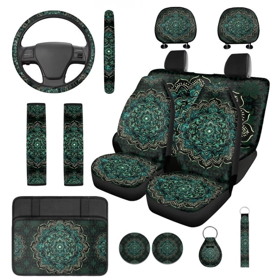Yuyamidu Boho Mandala Flower Car Seat Covers Full Set 14 Pcs Steering Wheel Cover Car Headrest Covers Green Auto Seat Belt Pad Car Armrest Cover Key Ring Coasters Auto Accessories