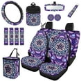 thumbnail image 1 of Yuyamidu Boho Mandala Flower Car Seat Covers Full Set of 15 Purple Auto Steering Wheel Cover Seat Belt Pads Coasters Trash Bin Hanging Storage Bag Cup Holders Rearview Mirror Cover Key Ring, 1 of 7