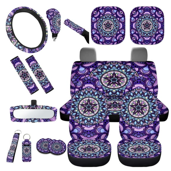 Yuyamidu Boho Mandala Flower Car Seat Covers Set of 16 Purple Steering Wheel Cover Seat Belt Covers Handbrake Gear Shift Knob Cover Rear View Mirror Cover Cup Mat Keychain Sunshade for Car SUV Truck