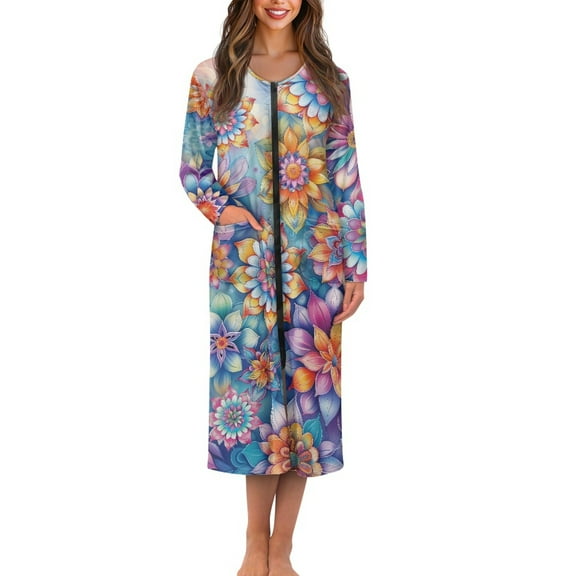 Yuyamidu Boho Mandala Flower Ladies Robes with Zipper Front Bathrobe Casual Long Sleeve Pajama House Coat Sexy Loungewear Loose Long Sleeves Crewneck Sleep Dress Size 4XL