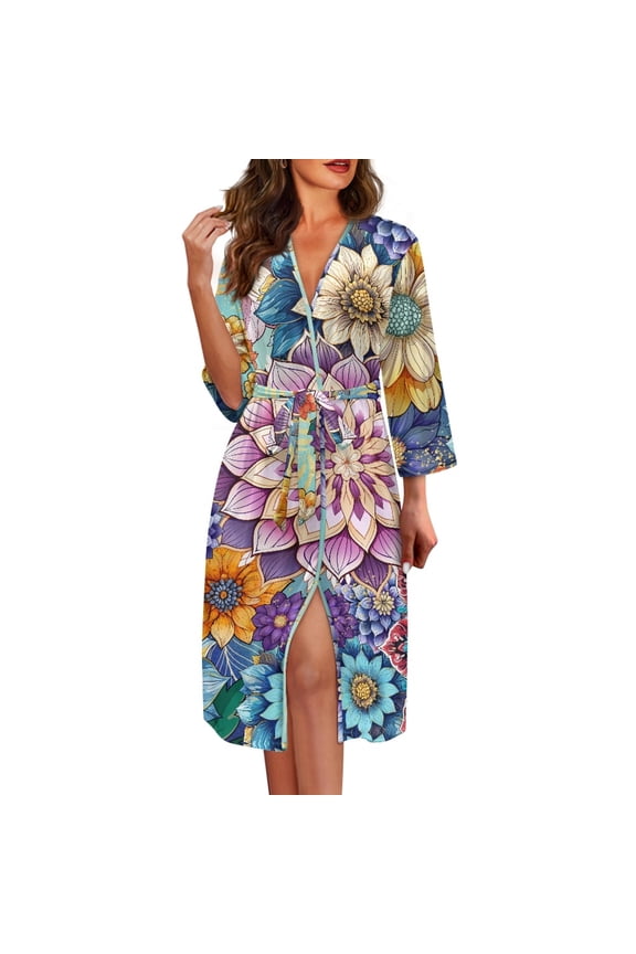 Boho Mandala Flower Robes for Women V-Neck Casual Ladies Loungewear Soft Bathrobe Sleepwear Mid-Length Night Robe Size 2XL Comfy Long Sleeves Kimono Robe