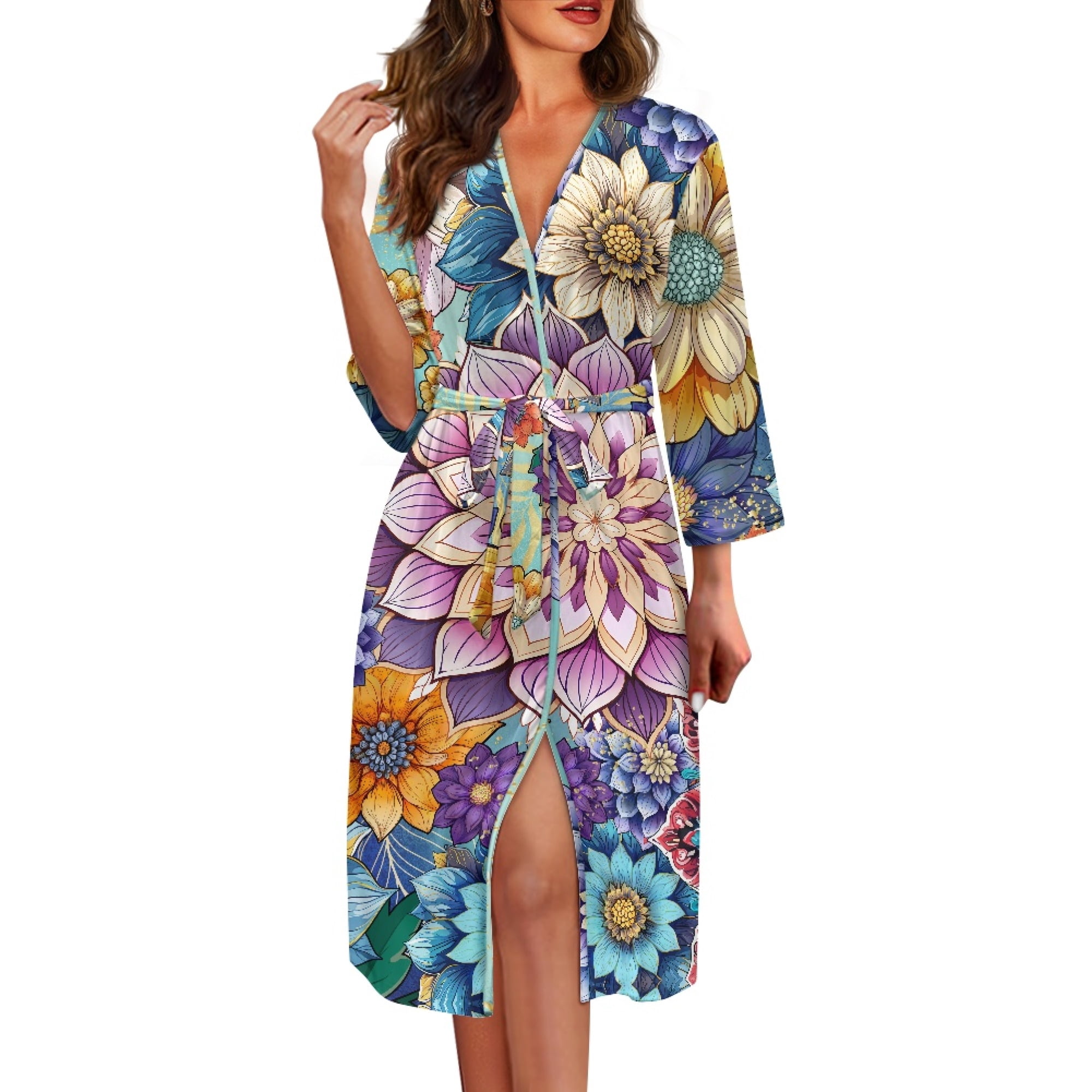 Flower Changing Robe Yuyamidu Boho Mandala Flower Robes for Women V-Neck Casual Ladies ...