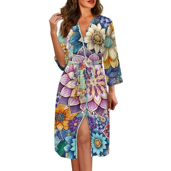 Yuyamidu Boho Mandala Flower Robes for Women V-Neck Casual Ladies Loungewear Soft Bathrobe Sleepwear Mid-Length Night Robe Size M Comfy Long Sleeves Kimono Robe
