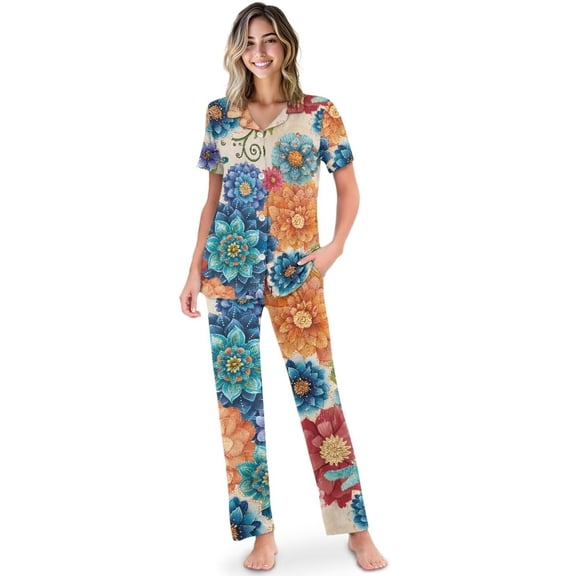 Yuyamidu Boho Mandala Womens Pajama Set Soft Comfy PJ Sets Button Down Short Sleeve Sleepwear Casual Cozy Nightwear with Pockets 2-Piece