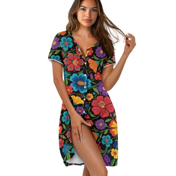 Yuyamidu Boho Nightgowns for Women Floral Nightshirt Short Sleeve Crew Neck House Dress Oversized Sleepwear